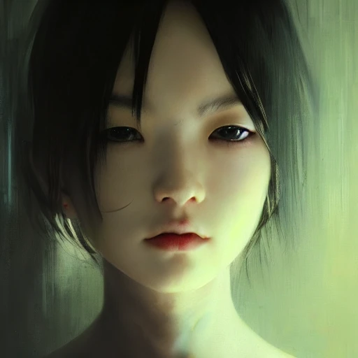 Ruan Jia, cyber, night, high detail face, high detail body, Japanese, oil painting, black hair, young and cute, 4K, light and shadow