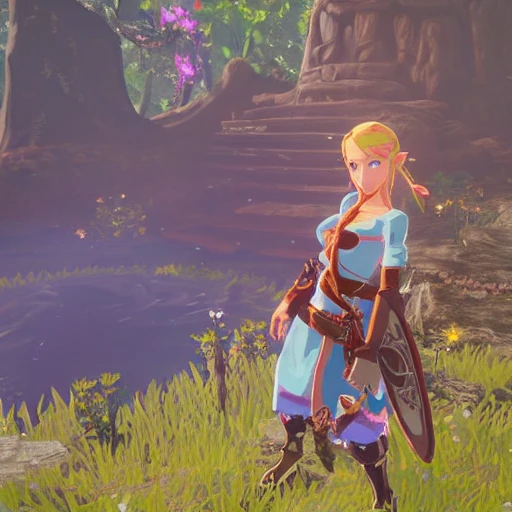 Zelda breath of the wild, Zelda botw great fairy fountain, Zelda botw silent shroom, bioluminescent, sunset breath of the wild, beautiful girl, beautiful maiden breath of the wild, paya breath of the wild, paya zelda, beautiful videogame goddess, goddess, fairy, faerie character, 3d, deadoralive videogame girl