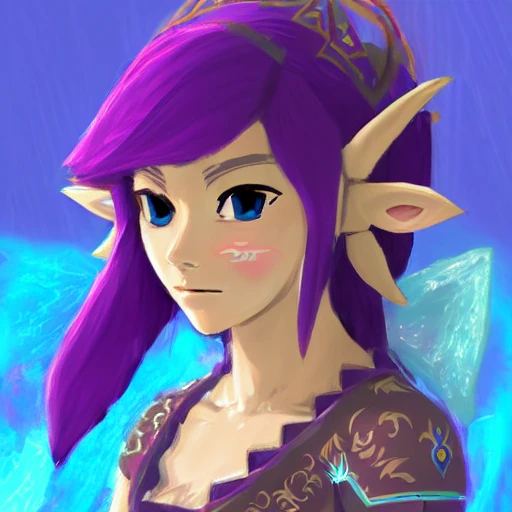 Zelda breath of the wild, Zelda botw great fairy fountain, bioluminescent, sunset breath of the wild, beautiful girl, beautiful maiden breath of the wild, paya breath of the wild, paya zelda, beautiful videogame goddess, goddess, fairy, faerie character, 3d, deadoralive videogame girl, purple hair,  hyperealistic girl