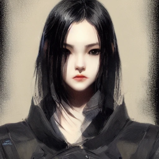 Ruan Jia, night, high detail face, perfect eyes, perfect nose, perfect lips, young beautiful woman, black hair, wearing a black jacket, Japanese, very detailed, 8k, trend on artstation, cgl