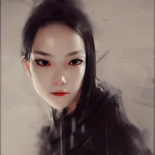 Ruan Jia, night, high detail face, perfect eyes, perfect nose, perfect lips, young beautiful woman, black hair, wearing a black jacket, Japanese, very detailed, 8k, trending on artstation, real cgl