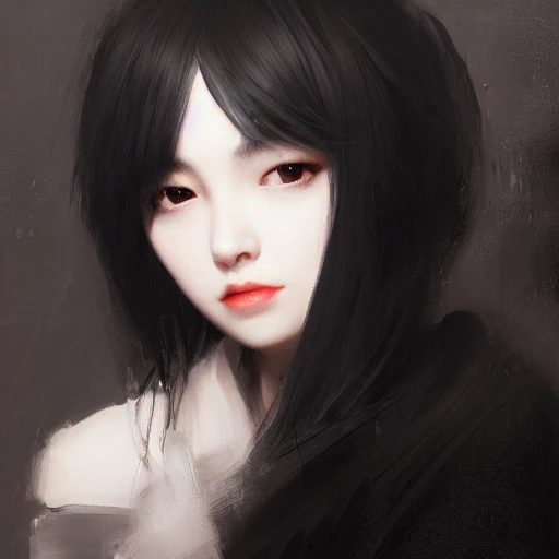 Ruan Jia, night, high detail face, perfect eyes, perfect nose, perfect lips, young beautiful woman, black hair, wearing a black jacket, Japanese, very detailed, 8k, trending on artstation, real cgl