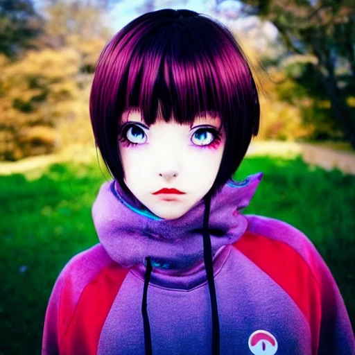 photograph of a beautiful  anime goddess, 90s style,, y2k, hyperdetail anime eyes, short hair, perfect face, shiny hair and skin, full lips, ethereal, full body, anime girl with Luscious lips, marc jacobs heavn online ceramics hoodie, 3d videogame girl,  clown girl