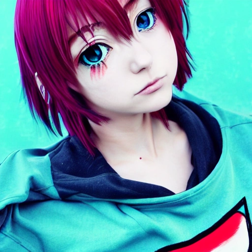 photograph of a beautiful anime goddess, 90s style,, y2k, hyperdetail anime eyes, short hair, perfect face, shiny hair and skin, full lips, ethereal, full body, anime girl with Luscious lips, marc jacobs heavn online ceramics hoodie, 3d videogame girl, clown girl, portrait of a girl