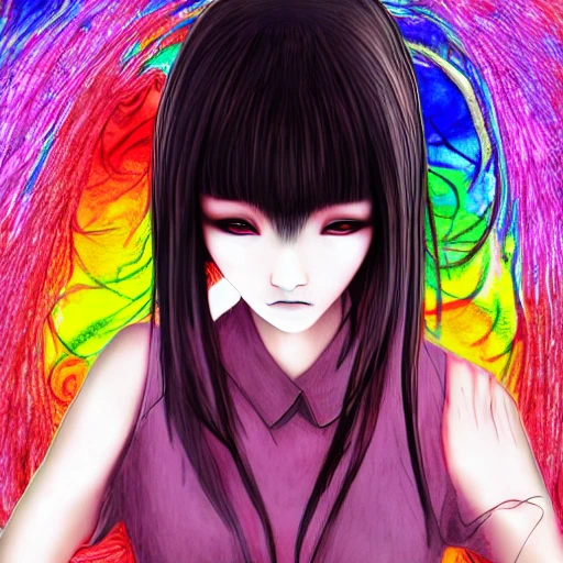 Junji ito tomie realistic, realistic anime girl,  hyperealistic airbrush skin, textured hair, shiny hair, detailed eyes, haunted house background, colorful