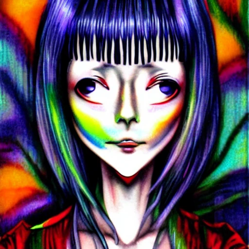 Junji ito tomie realistic, realistic anime girl,  hyperealistic airbrush skin, textured hair, shiny hair, detailed eyes, haunted house background, colorful