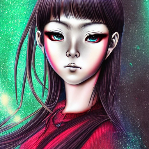 Junji ito tomie realistic, realistic anime girl,  hyperealistic airbrush skin, textured hair, shiny hair, detailed eyes, haunted house background, colorful, elf goddess