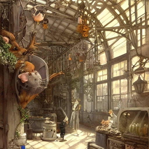 cute scene inside a historic fantasy cheese factory with a beautiful gray mouse! fantasy, intricate, elegant, highly detailed, digital painting, artstation, concept art, smooth, sharp focus, illustration, art by artgerm and greg rutkowski and alphonse mucha :: scale:1048x1048