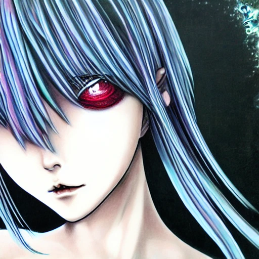 Junji ito tomie realistic, realistic anime girl,  hyperealistic airbrush skin, textured hair, shiny hair, detailed eyes, haunted house background, colorful, elf goddess