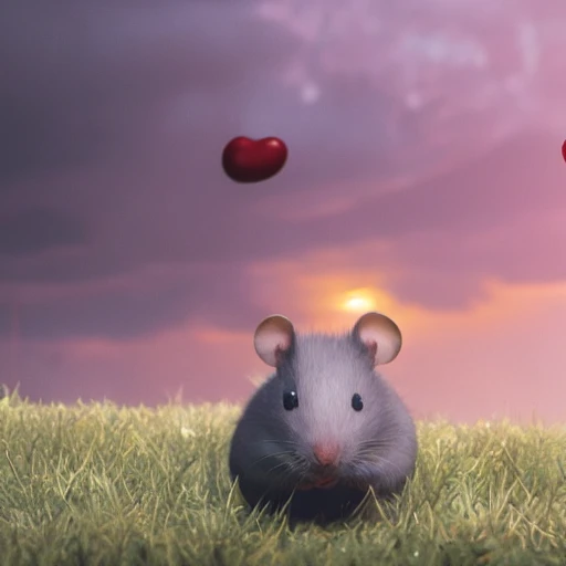 a photorealistic hyperrealistic render of a cute gray mouse standing infront of a fantasy cheese factory with a thought red heart popped up above the head by pixar, greg rutkowski, wlop, artgerm, dramatic moody sunset lighting, long shadows, volumetric, cinematic atmosphere, octane render, artstation, 8 k 