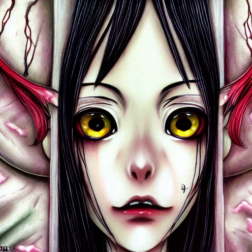 Junji ito tomie realistic, realistic anime girl,  hyperealistic airbrush skin, textured hair, shiny hair, detailed eyes, haunted house background, colorful, elf goddess, nana anime, elfin lied, realistic anime girl