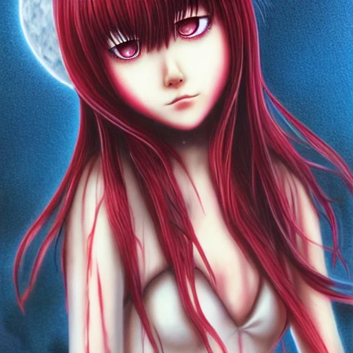 Junji ito tomie realistic, realistic anime girl,  hyperealistic airbrush skin, textured hair, shiny hair, detailed eyes, haunted house background, colorful, elf goddess, nana anime, elfin lied, realistic anime girl