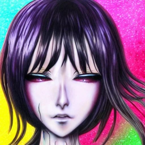 Junji ito tomie realistic, realistic anime girl,  hyperealistic airbrush skin, textured hair, shiny hair, detailed eyes, haunted house background, colorful, elf goddess, nana anime, elfin lied, realistic anime girl, neons and pastels, gemstones