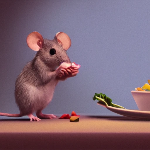 a photorealistic hyperrealistic render of a cute gray mouse eating a piece of salad by pixar, greg rutkowski, wlop, artgerm, dramatic moody sunset lighting, long shadows, volumetric, cinematic atmosphere, octane render, artstation, 8 k 