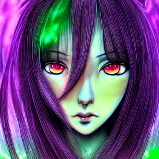 Junji ito tomie realistic, realistic anime girl,  hyperealistic airbrush skin, textured hair, shiny hair, detailed eyes, haunted house background, colorful, elf goddess, nana anime, elfin lied, realistic anime girl, light purple skin, neon green glowing eyes, pink cloud background