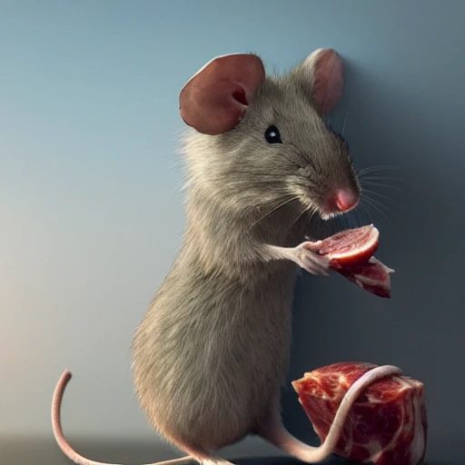 a photorealistic hyperrealistic render of a cute gray mouse eating a salami by pixar, greg rutkowski, wlop, artgerm, dramatic moody sunset lighting, long shadows, volumetric, cinematic atmosphere, octane render, artstation, 8 k 