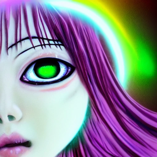 Junji ito tomie realistic, realistic anime girl,  hyperealistic airbrush skin, textured hair, shiny hair, detailed eyes, haunted house background, colorful, elf goddess, nana anime, elfin lied, realistic anime girl, light purple skin, neon green glowing eyes, pink cloud background
