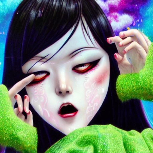 Junji ito tomie realistic, realistic anime girl,  hyperealistic airbrush skin, textured hair, shiny hair, detailed eyes, haunted house background, colorful, elf goddess, nana anime, elfin lied, realistic anime girl, light green skin, red glowing eyes, pink cloud background