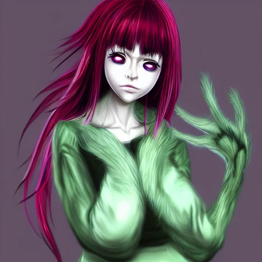 Junji ito tomie realistic, realistic anime girl,  hyperealistic airbrush skin, textured hair, shiny hair, detailed eyes, haunted house background, colorful, elf goddess, nana anime, elfin lied, realistic anime girl, light green skin, red glowing eyes, pink cloud background, short hair. Furry fur suit girl