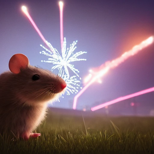 a photorealistic hyperrealistic render of a cute gray mouse prepares a lot of fireworks and in the background are firework rocket in the sky by pixar, greg rutkowski, wlop, artgerm, dramatic moody sunset lighting, long shadows, volumetric, cinematic atmosphere, octane render, artstation, 8 k, --h1024 --w1024