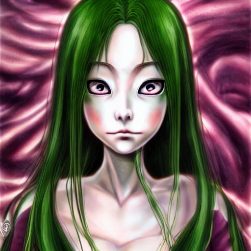 Junji ito tomie realistic, realistic anime girl,  hyperealistic airbrush skin, textured hair, shiny hair,  big lips, full lips,, detailed eyes, haunted house background, colorful, elf goddess, nana anime, elfin lied, realistic anime girl, light green skin, red glowing eyes