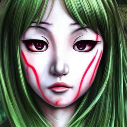 Junji ito tomie realistic, realistic anime girl,  hyperealistic airbrush skin, textured hair, shiny hair,  big lips, full lips,, detailed eyes, haunted house background, colorful, elf goddess, nana anime, elfin lied, realistic anime girl, light green skin, red glowing eyes