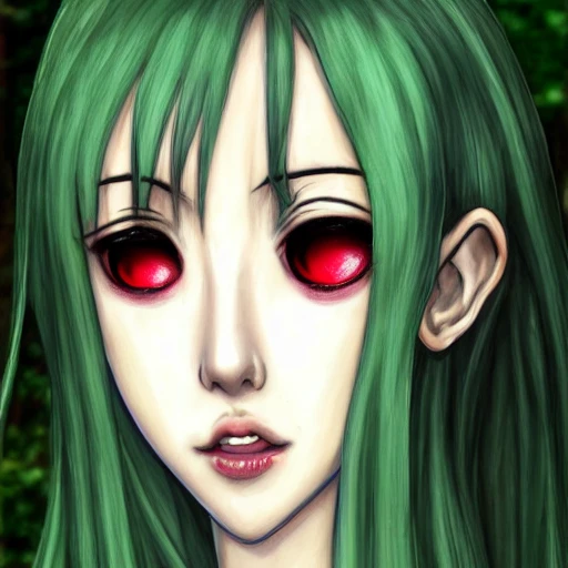 Junji ito tomie realistic, realistic anime girl,  hyperealistic airbrush skin, textured hair, shiny hair,  big lips, full lips, detailed eyes, haunted house background, colorful, elf goddess, nana anime, elfin lied, realistic anime girl, light green skin, red glowing eyes