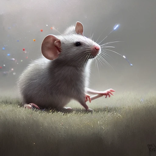 a photorealistic hyperrealistic render of a cute gray mouse who is infront of many colorful firework rockets in the sky fireworks, intricate, sharp focus, illustration, highly detailed, digital painting, concept art, matte, art by ruan jia and wlop and greg rutkowski, masterpiece 