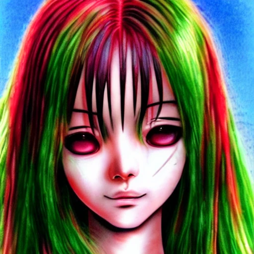 Junji ito tomie realistic, realistic anime girl,  hyperealistic airbrush skin, textured hair, shiny hair,  big lips, full lips, detailed eyes, haunted house background, colorful, elf goddess, nana anime, elfin lied, realistic anime girl, light green skin, red glowing eyes