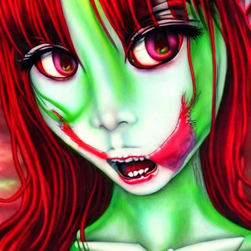 Junji ito tomie realistic, realistic anime girl,  hyperealistic airbrush skin, textured hair, shiny hair,  big lips, full lips, detailed eyes, haunted house background, colorful, elf goddess, nana anime, elfin lied, realistic anime girl, light green skin, red glowing eyes