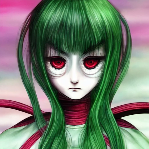 Junji ito tomie realistic, realistic anime girl,  hyperealistic airbrush skin, textured hair, shiny hair,  big lips, full lips, detailed eyes, haunted house background, colorful, elf goddess, nana anime, elfin lied, realistic anime girl, light green skin, red glowing eyes