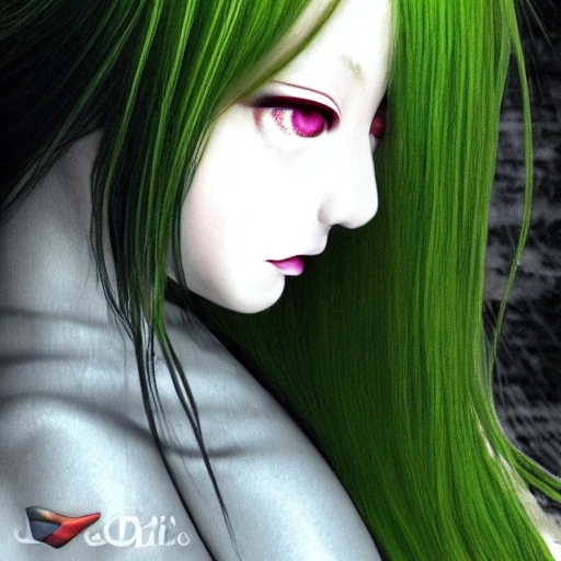 Junji ito tomie realistic, realistic anime girl,  hyperealistic airbrush skin, textured hair, shiny hair,  big lips, full lips, detailed eyes, haunted house background, colorful, elf goddess, nana anime, elfin lied, realistic anime girl, light green skin, red glowing eyes, Kanji, face tattoo