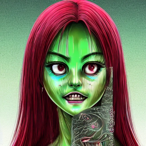 Junji ito tomie realistic, realistic anime girl,  hyperealistic airbrush skin, textured hair, shiny hair,  big lips, full lips, detailed eyes, haunted house background, colorful, elf goddess, nana anime, elfin lied, realistic anime girl, light green skin, red glowing eyes, Kanji, face tattoo