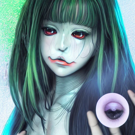 Junji ito tomie realistic, realistic anime girl,  hyperealistic airbrush skin, textured hair, shiny hair,  big lips, full lips, detailed eyes, haunted house background, colorful, elf goddess, nana anime, elfin lied, realistic anime girl, light green skin, red glowing eyes,  tattoo, Kanji, Kanji face tattoo