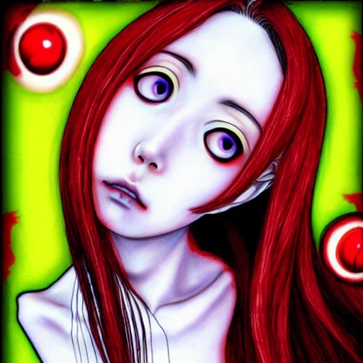 Junji ito tomie realistic, realistic anime girl,  hyperealistic airbrush skin, textured hair, shiny hair,  big lips, full lips, detailed eyes, haunted house background, colorful, elf goddess, nana anime, elfin lied, realistic anime girl, light green skin, red glowing eyes, beautiful goddess