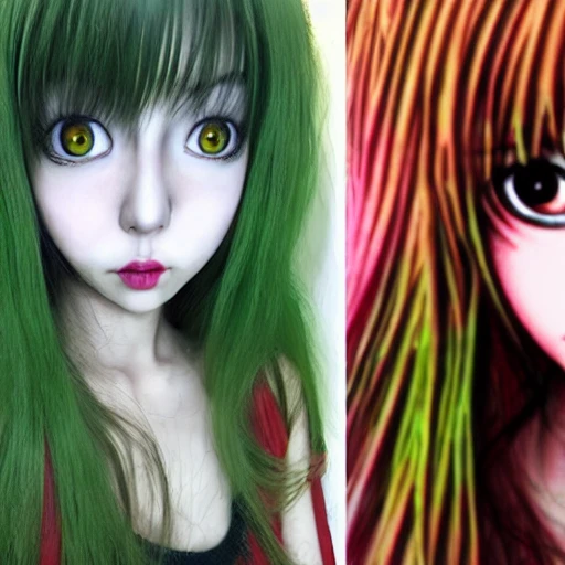 Junji ito tomie realistic, realistic anime girl,  hyperealistic airbrush skin, textured hair, shiny hair,  big lips, full lips, detailed eyes, haunted house background, colorful, elf goddess, nana anime, elfin lied, realistic anime girl, light green skin, red glowing eyes, beautiful goddess