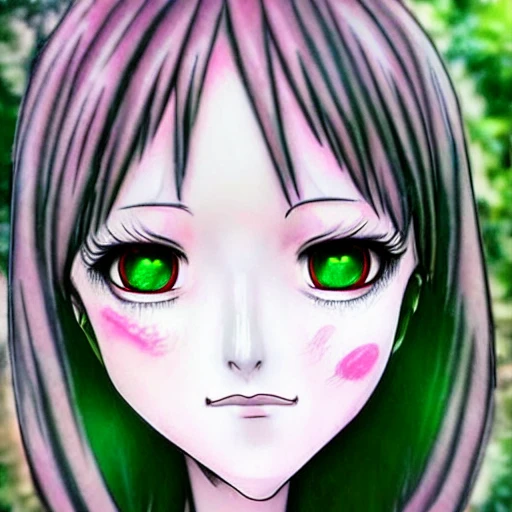 Junji ito tomie realistic, realistic anime girl,  hyperealistic airbrush skin, textured hair, shiny hair,  big lips, full lips, detailed eyes, haunted house background, colorful, elf goddess, nana anime, elfin lied, realistic anime girl, light green skin, red glowing eyes, beautiful goddess