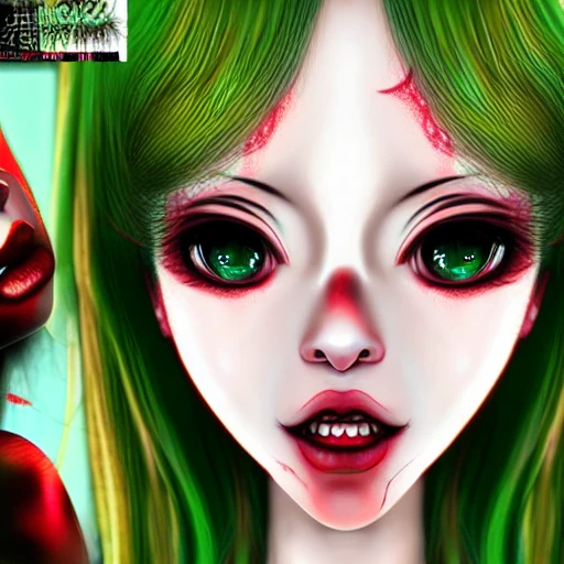 Junji ito tomie realistic, realistic anime girl,  hyperealistic airbrush skin, textured hair, shiny hair,  big lips, full lips, detailed eyes, haunted house background, colorful, elf goddess, nana anime, elfin lied, realistic anime girl, light green skin, red glowing eyes, beautiful