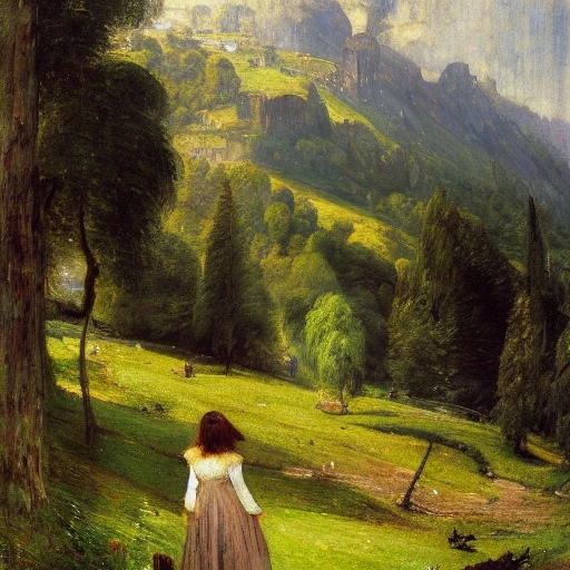 woolitize, A narrow alpine valley, dawn mist, green, white, blue, unreal 5, volumetric lighting, oil on canvas, detailed background, comic book style, cinematic, epic, sense of scale, john william waterhouse, delightful, charming, camille pissaro, jmw turner, vivid, soft smooth lighting, soft pastel colors