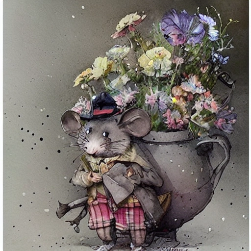 charming gray mouse is dressed like a postman, inside a nobel home, ( ( ( ( ( ( ( ( ( ( loose loose watercolor of flowers painterly, granular splatter dripping. muted colors. ) ) ) ) ) ) ) ) ) ) by jean - baptiste monge!!!!!!!!!!!!!!!!!!!!!!!!!!!!!! 