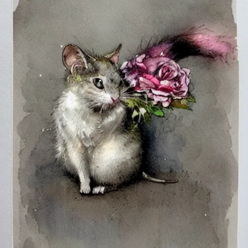 charming gray mouse is for carnival dressed like a cat, inside a nobel home, ( ( ( ( ( ( ( ( ( ( loose loose watercolor of flowers painterly, granular splatter dripping. muted colors. ) ) ) ) ) ) ) ) ) ) by jean - baptiste monge!!!!!!!!!!!!!!!!!!!!!!!!!!!!!! 