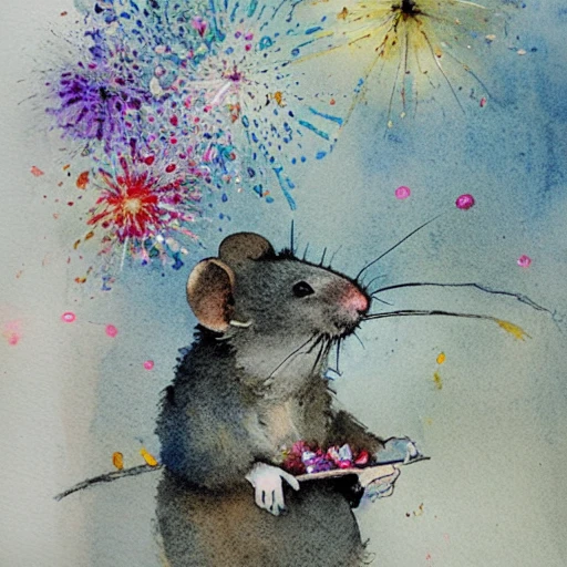 charming gray mouse who is infront of many colorful firework roc ...