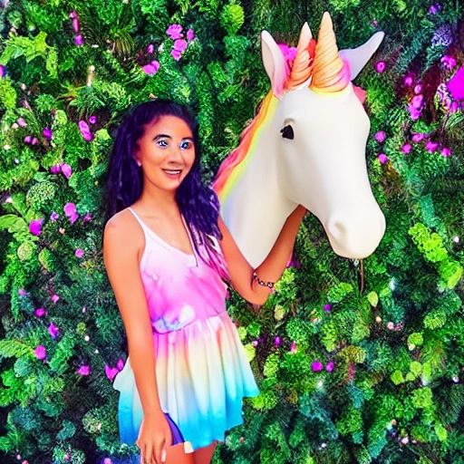 tan girl on a unicorn 🦄 in a light bright background with colors 

