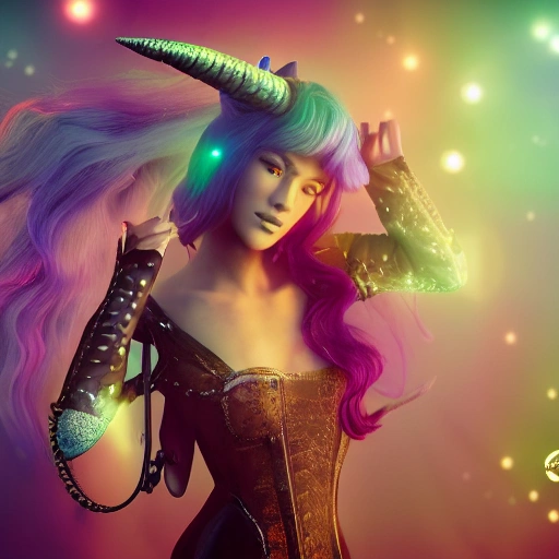 girl on a unicorn in a light bright background with colors 
, steampunk, windblown long hair, detailed face, spotlight, multicolored, hyperrealistic, photografic, 8k, epic ambient light, octane render 
