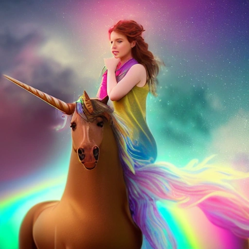 girl on a unicorn horse in a light bright field background fwith colors, steampunk, windblown long hair, detailed face, spotlight, multicolored, hyperrealistic, photografic, 8k, epic ambient light, octane render 
