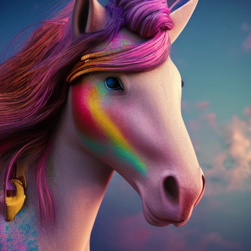 girl on a unicorn horse in a bright field background, steampunk, windblown long hair, detailed face, spotlight, multicolored, hyperrealistic, photografic, 8k, epic ambient light, octane render 
