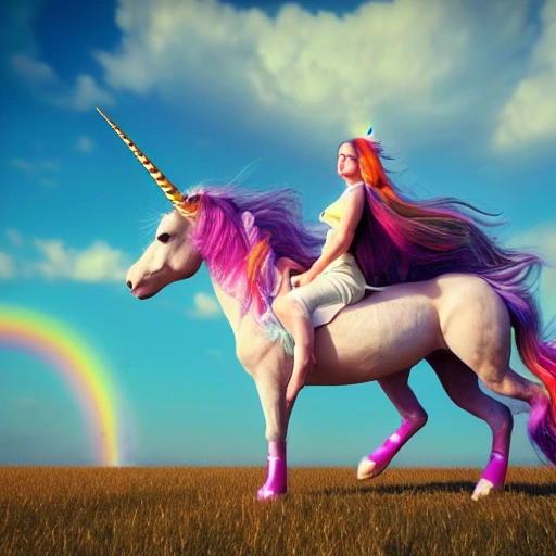 portrait of a girl riding a unicorn horse in a bright field background, steampunk, windblown long hair, detailed face, spotlight, multicolored, hyperrealistic, photografic, 8k, epic ambient light, octane render 
