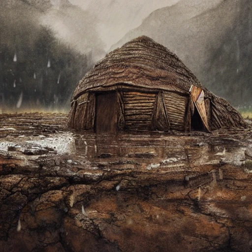 An old mud hut on the right side, a rock drilled in the ground on the left side, style, rain, flat light, ultra photo-realistic, intricate, watercolor on paper, masterpiece, expert, insanely detailed, 4k resolution, john William warehouse, Charlie Bowater, Agnes Cecile, Mucha, Gabriel Ferrier, composition, framing