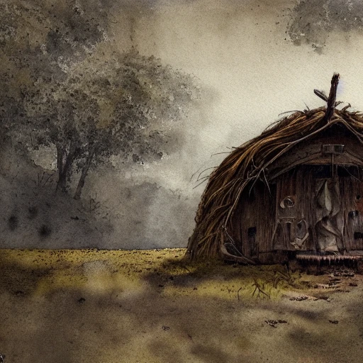 An old mud hut on the right side, a rock drilled in the ground on the left side, style, rain, flat light, ultra photo-realistic, intricate, watercolor on paper, masterpiece, expert, insanely detailed, 4k resolution, john William warehouse, Charlie Bowater, Agnes Cecile, Mucha, Gabriel Ferrier, composition, framing