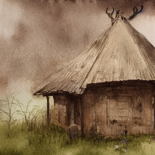 Frame divided in two parts, an old mud hut on the right side, a grave on the left side, style, rain, flat light, ultra photo-realistic, intricate, watercolor on paper, masterpiece, expert, insanely detailed, 4k resolution, john William warehouse, Charlie Bowater, Agnes Cecile, Mucha, Gabriel Ferrier, composition, framing, Pencil Sketch